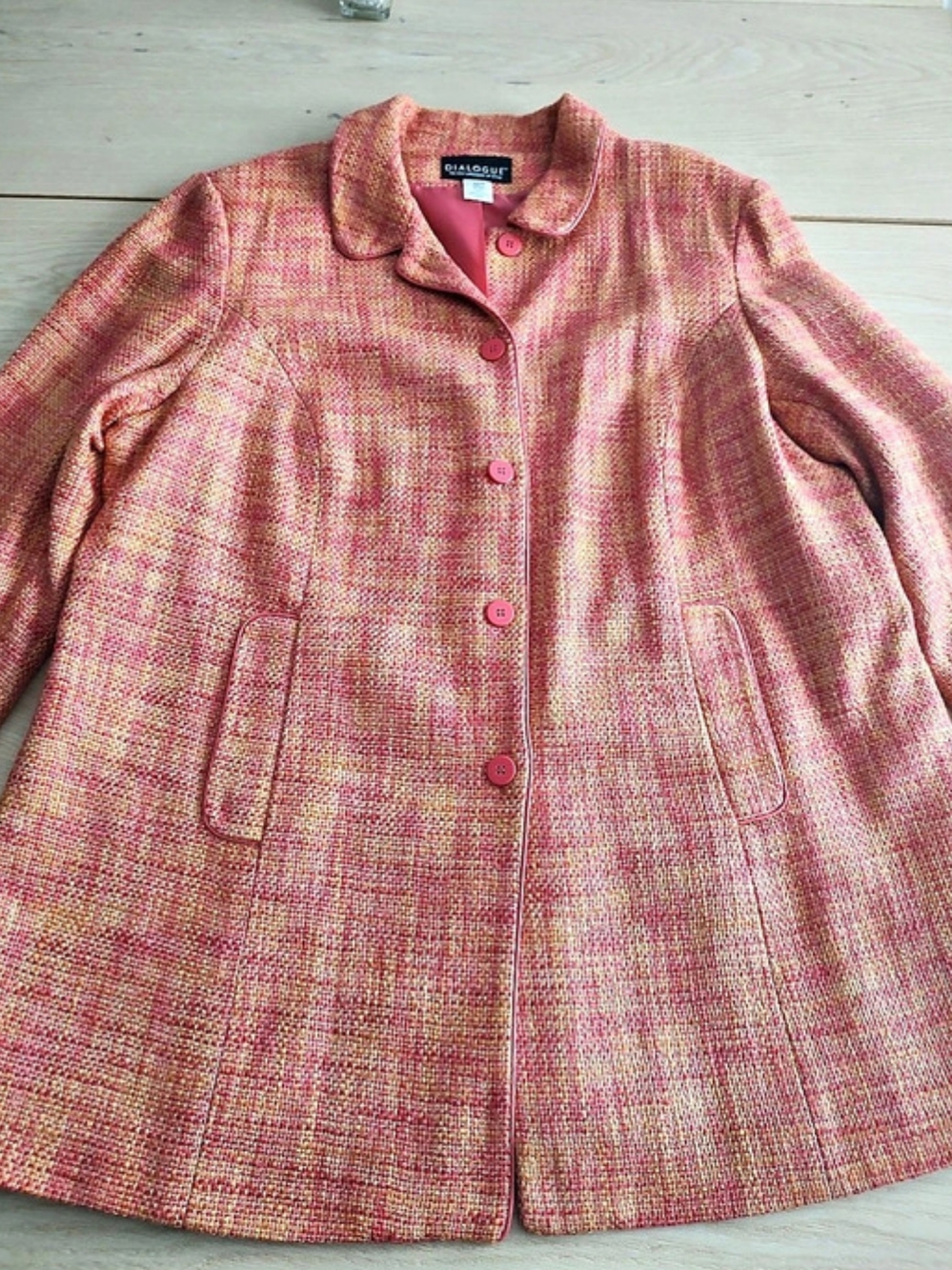 Dialogue Tweed Trench Coat in Pink & Orange.